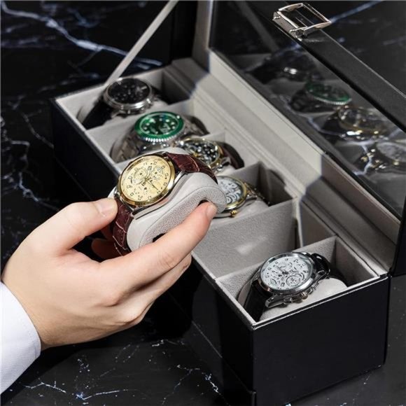 6 Slot Watch Case with Drawer, Watch Box Double-layer Jewelry and Watch, Black - Picture 4 of 6
